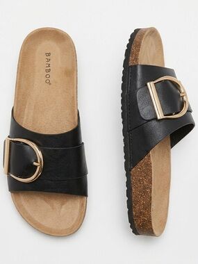 BAMBOO Black Slide Sandals with Gold Buckle Accent